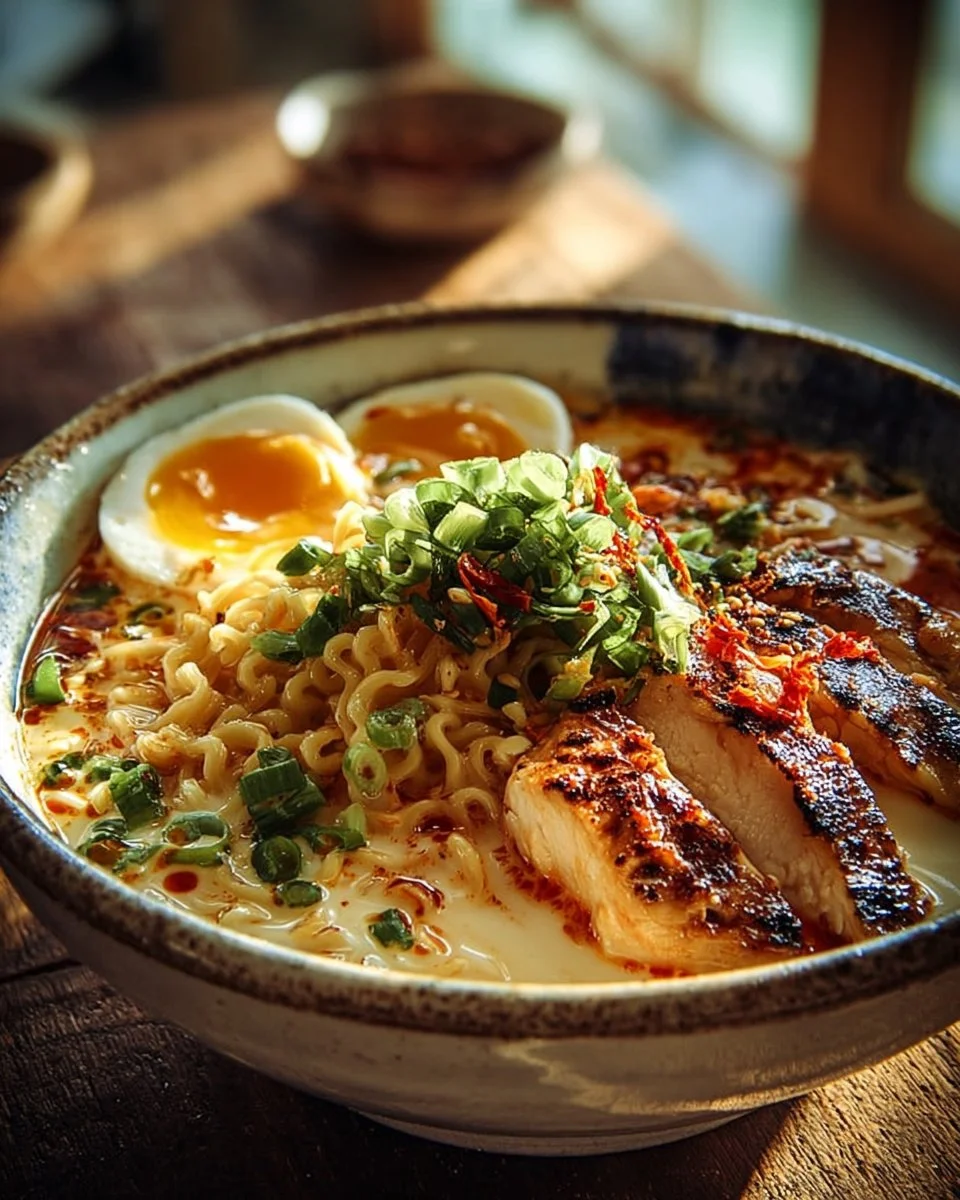 Fiery Chicken Ramen with Creamy Garlic Sauce