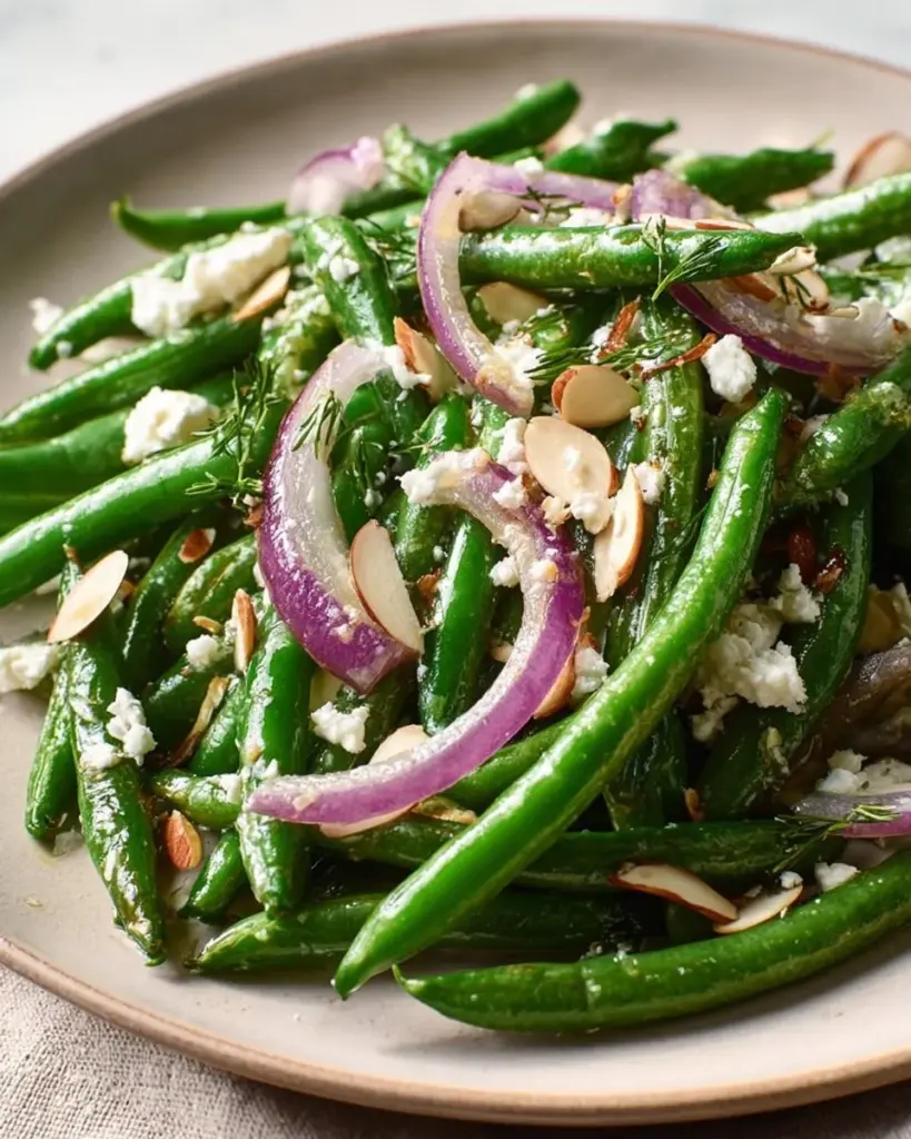 Fresh green bean salad with feta cheese and vegetables in a bowl