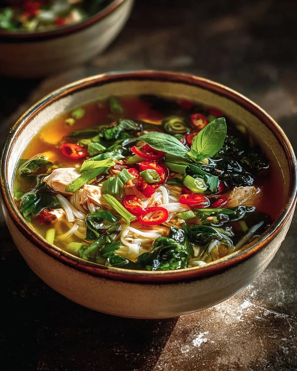Bowl of Ginger Garlic Chicken Noodle Soup with fresh herbs and noodles