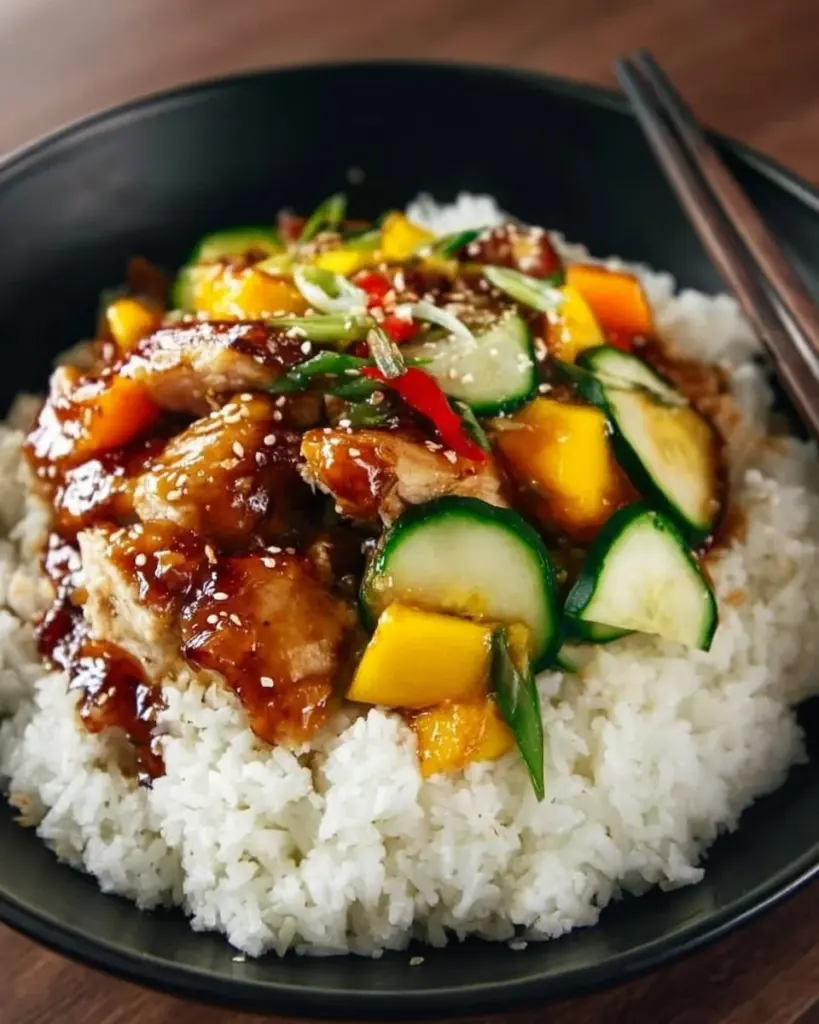 Delicious Ginger Soy Chicken garnished with green onions and sesame seeds.
