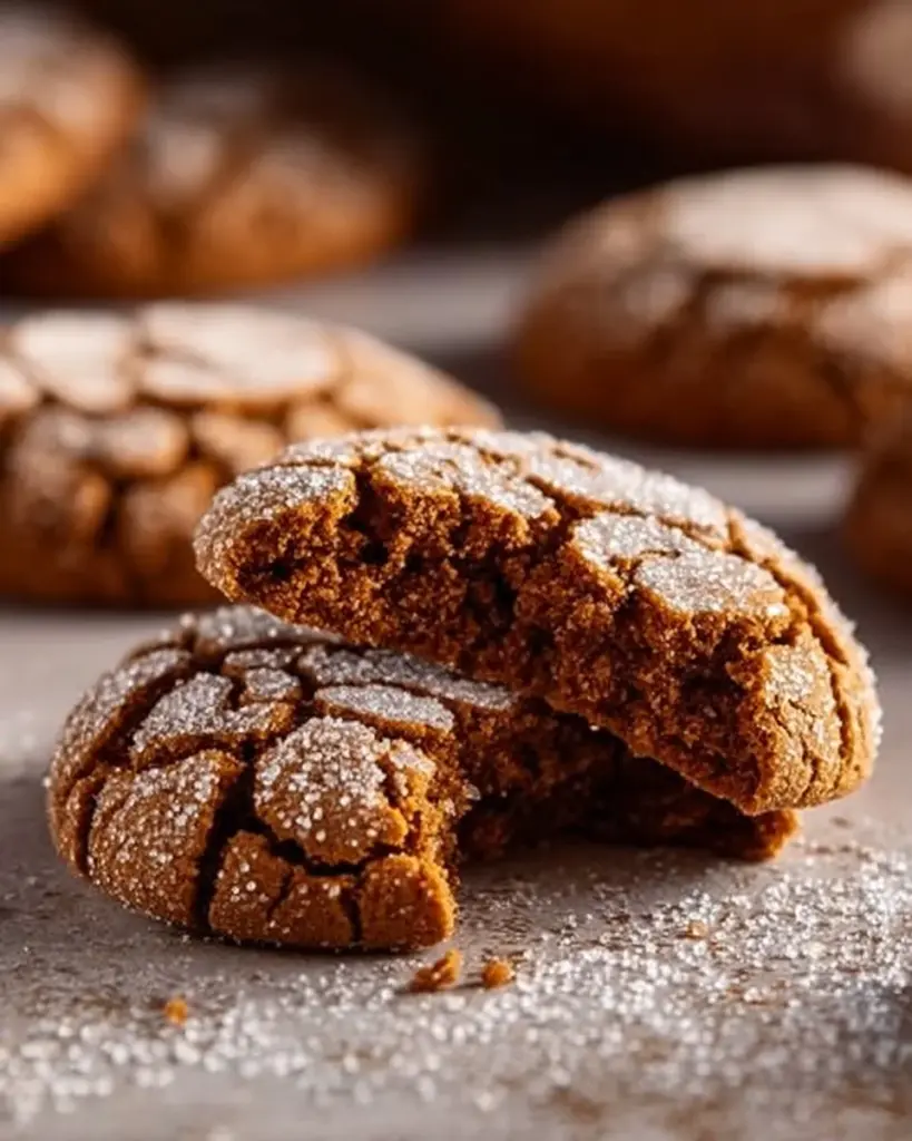 Delicious Gingerbread Crinkle Cookies dusted with powdered sugar.