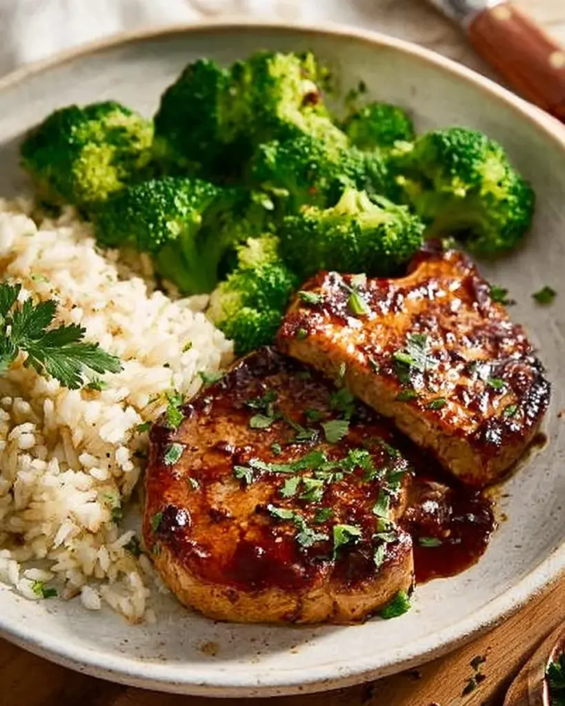 Delicious glazed pork chops served with a side of vegetables