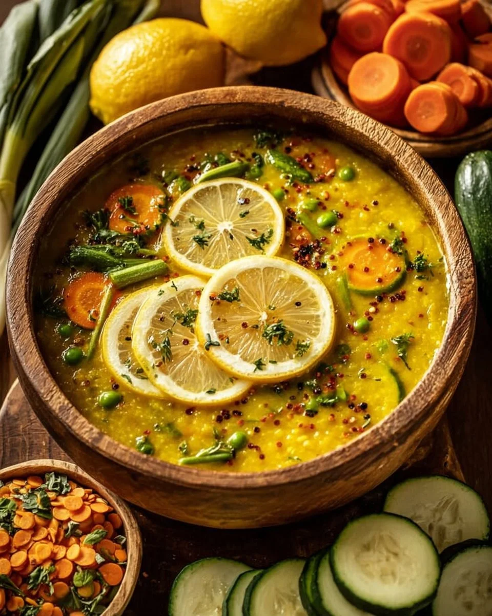 Bowl of golden lemon lentil soup garnished with herbs and lemon slices