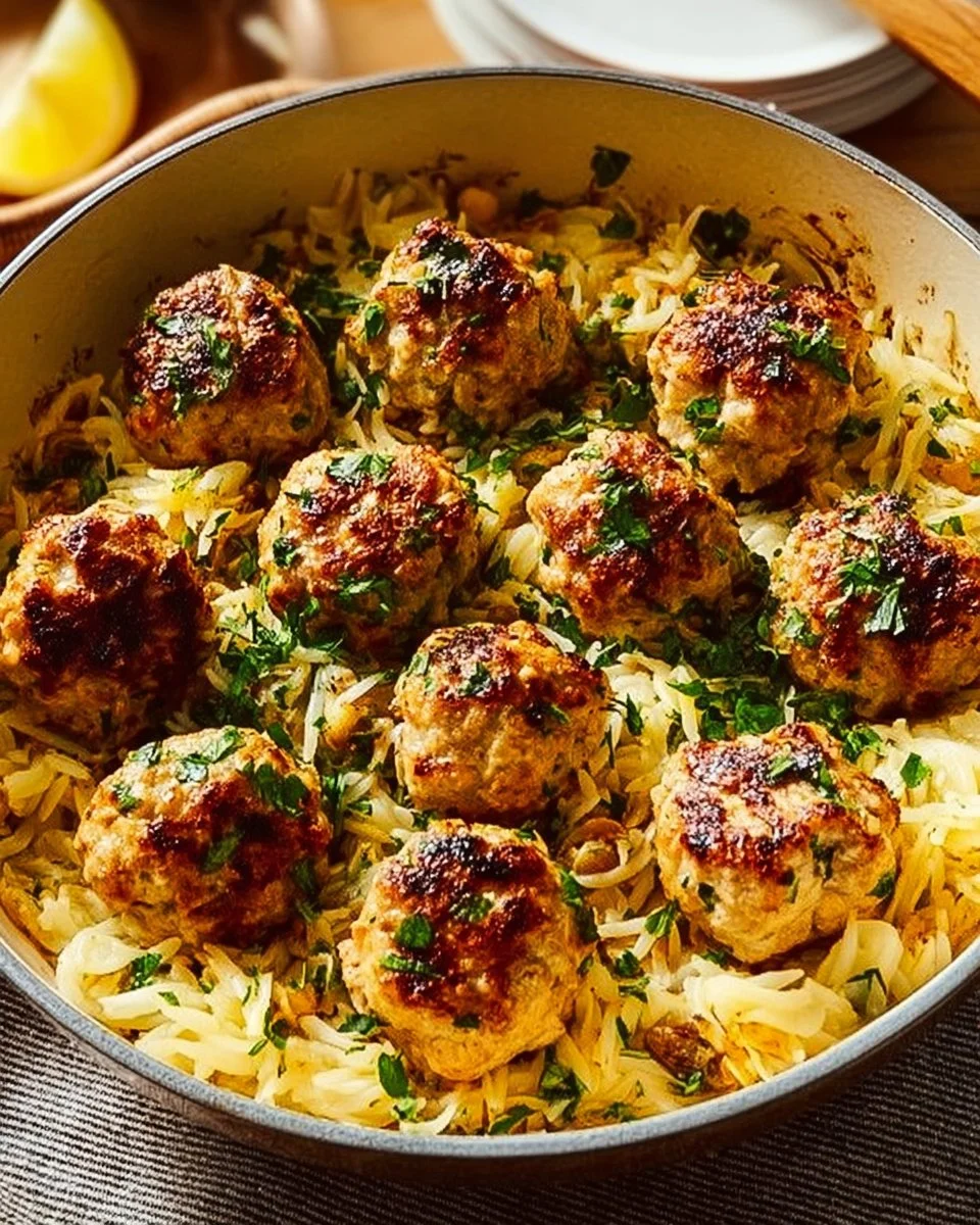 Plate of Greek Chicken Meatballs served with lemon orzo and fresh herbs.
