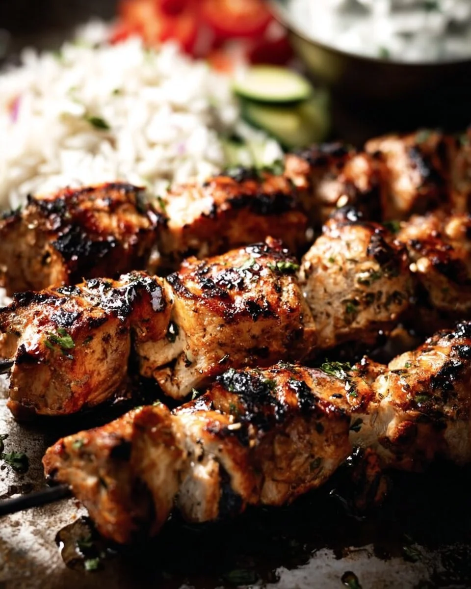 Plate of Greek Chicken served with Tzatziki sauce and fresh vegetables