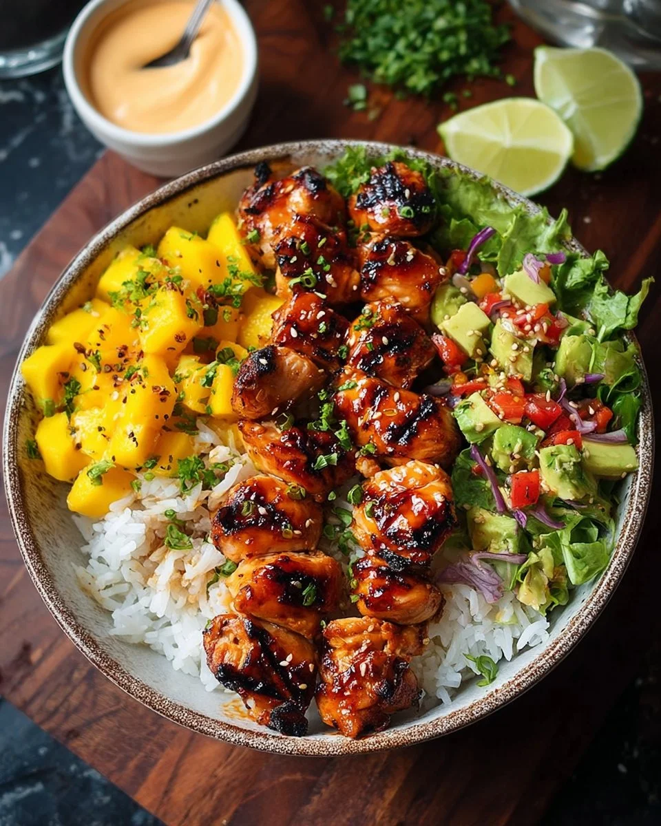 Grilled Maple Sriracha Chicken Bites with Coconut Rice & Mango Avocado Salsa Bowl with Chili Mayo