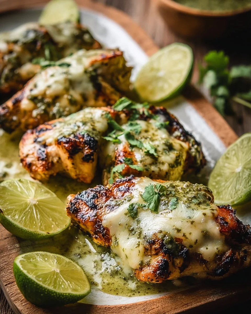 Grilled salsa verde chicken topped with pepper jack cheese on a plate