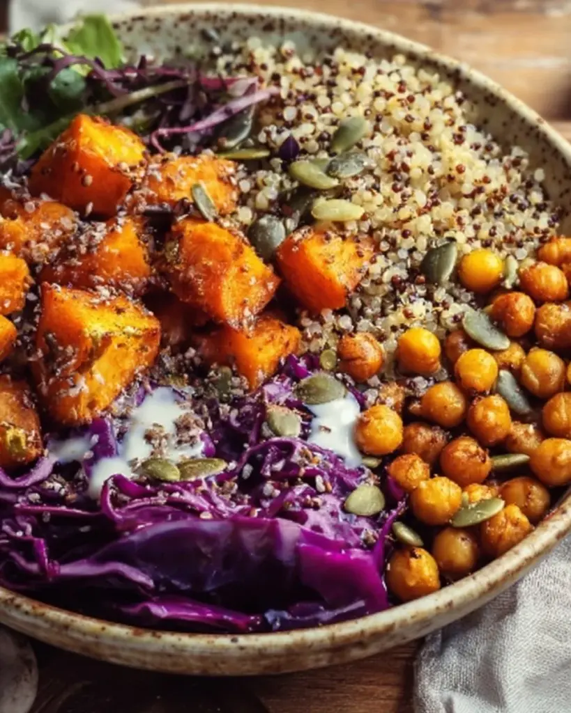 Colorful and healthy Buddha bowls with fresh vegetables and grains