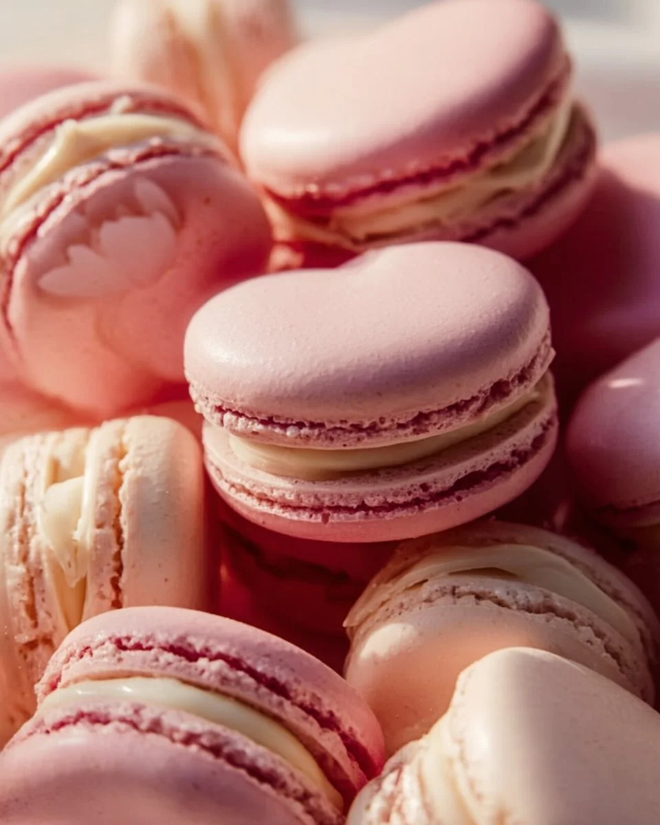 Heart-shaped macarons in various colors and flavors displayed beautifully