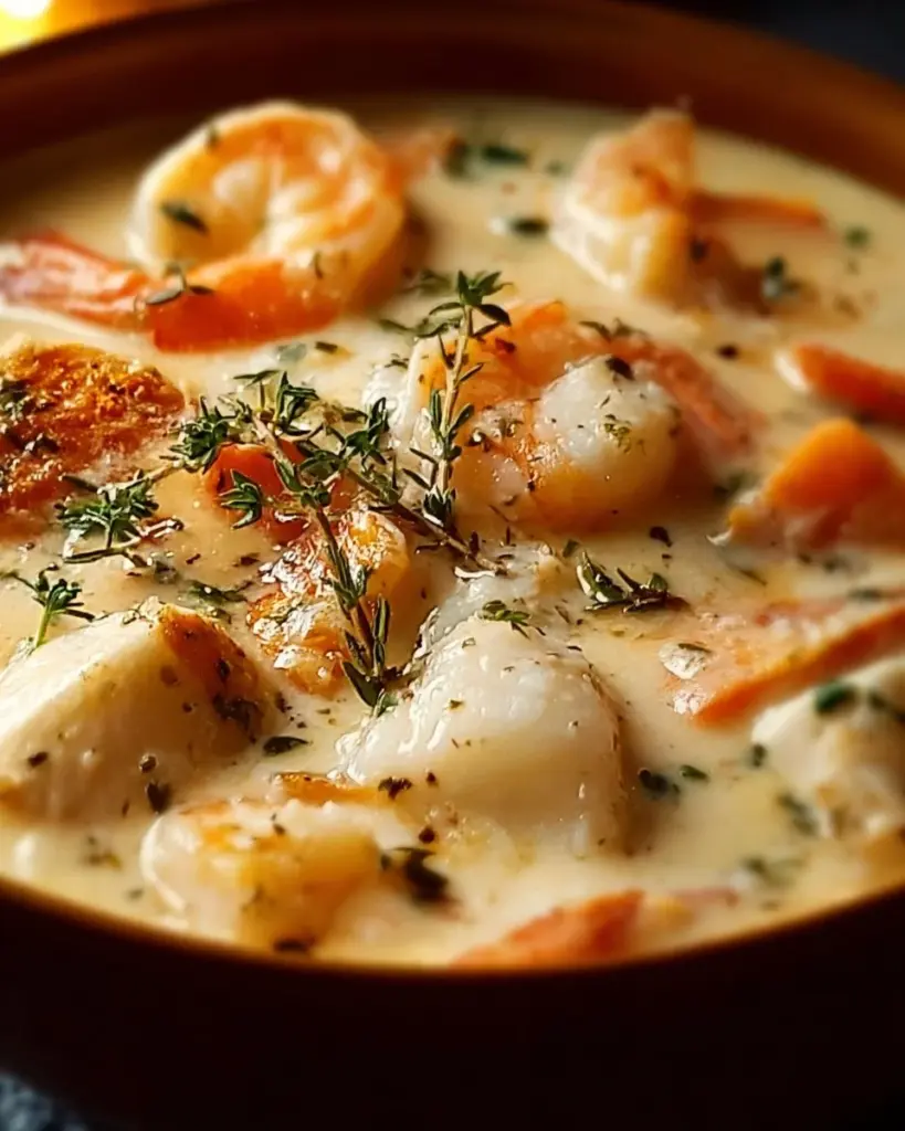 Bowl of Hearty Nova Scotia Seafood Chowder topped with fresh herbs.