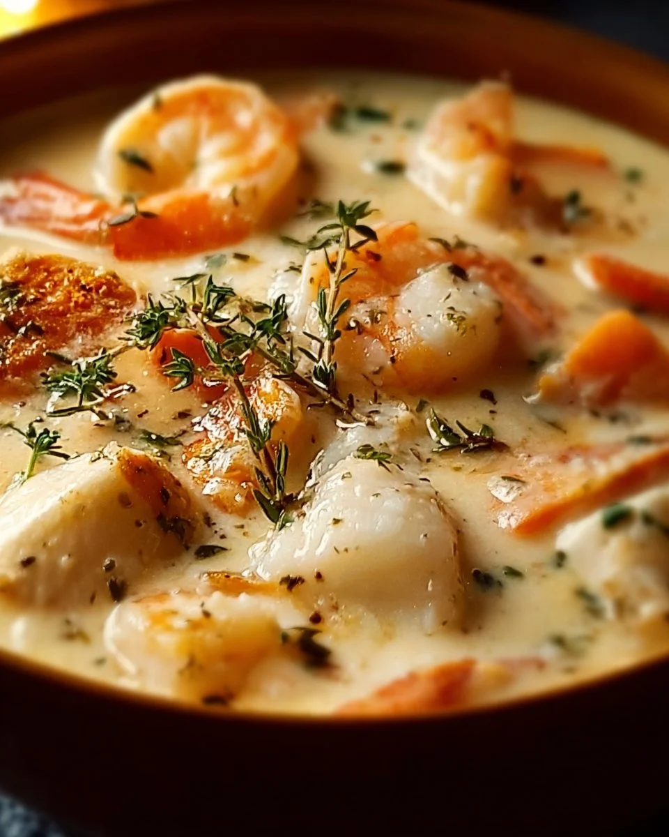 Bowl of Hearty Nova Scotia Seafood Chowder topped with fresh herbs.