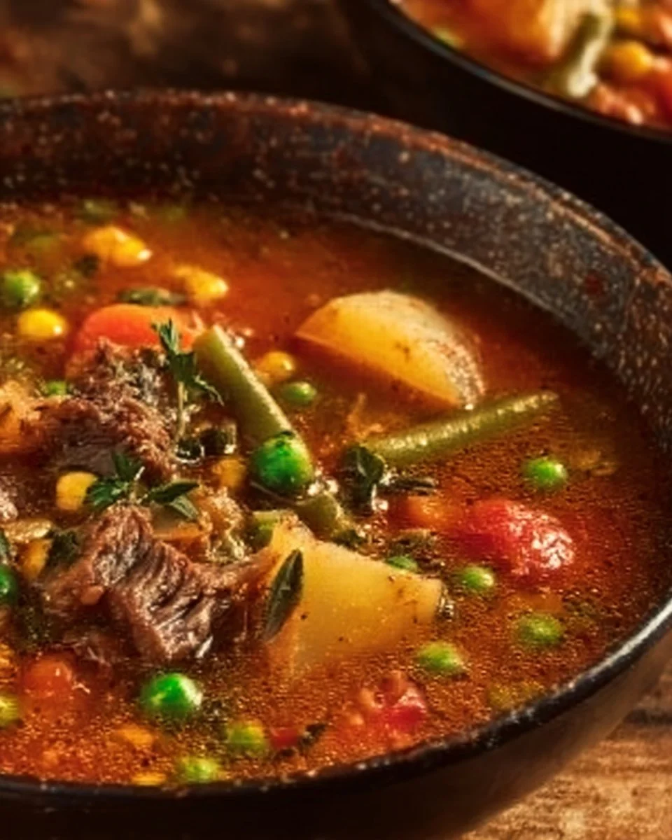 Old-Fashioned Vegetable Beef Soup with Potatoes and Peas