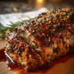 Delicious herb-crusted pork loin served on a plate with herbs and spices