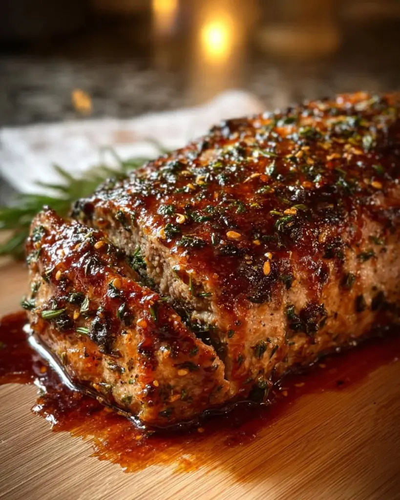 Delicious herb-crusted pork loin served on a plate with herbs and spices