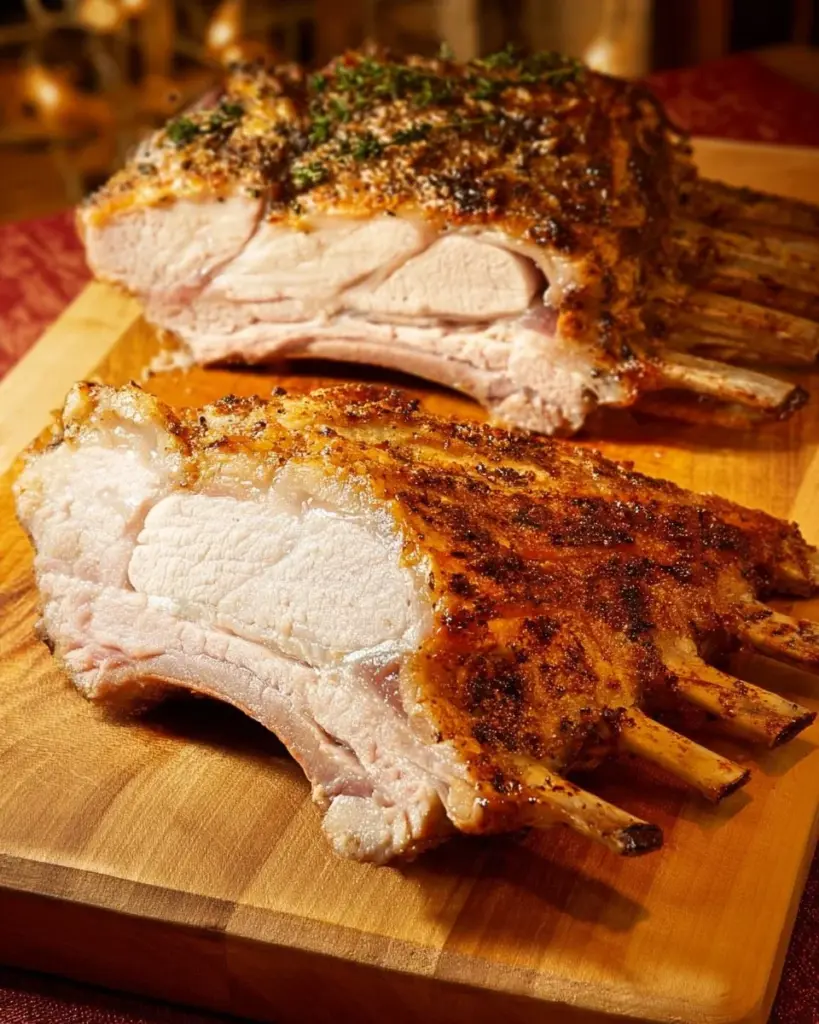 Herb-roasted rack of pork garnished with fresh herbs and spices