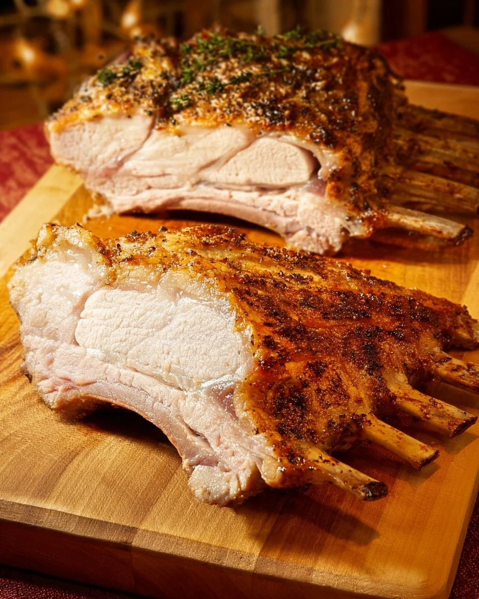 Herb-roasted rack of pork garnished with fresh herbs and spices