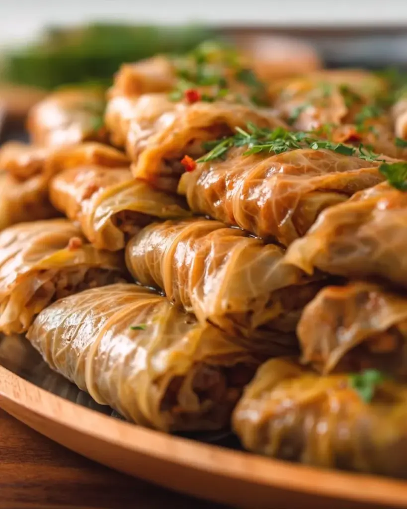 Herby Egyptian Cabbage Rolls garnished with fresh herbs on a plate