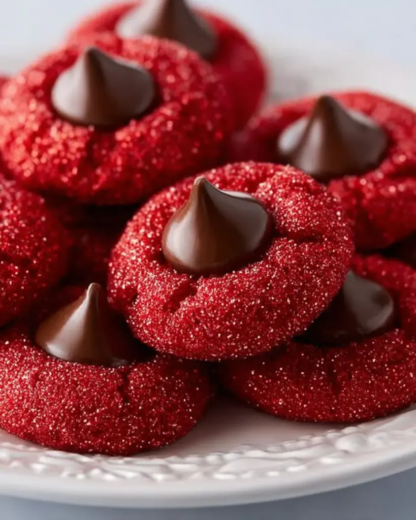 Hershey's Red Velvet Blossoms cookies with chocolate kiss topping