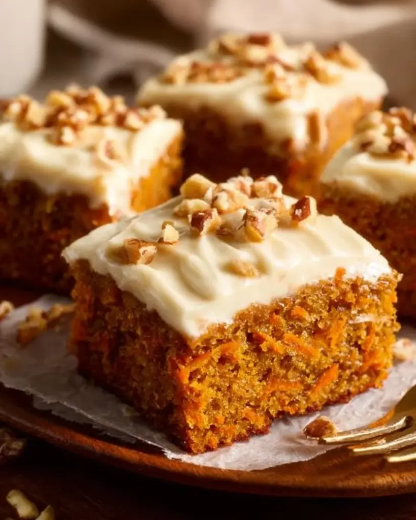 Delicious homemade carrot cake with cream cheese frosting and walnuts on a rustic table.