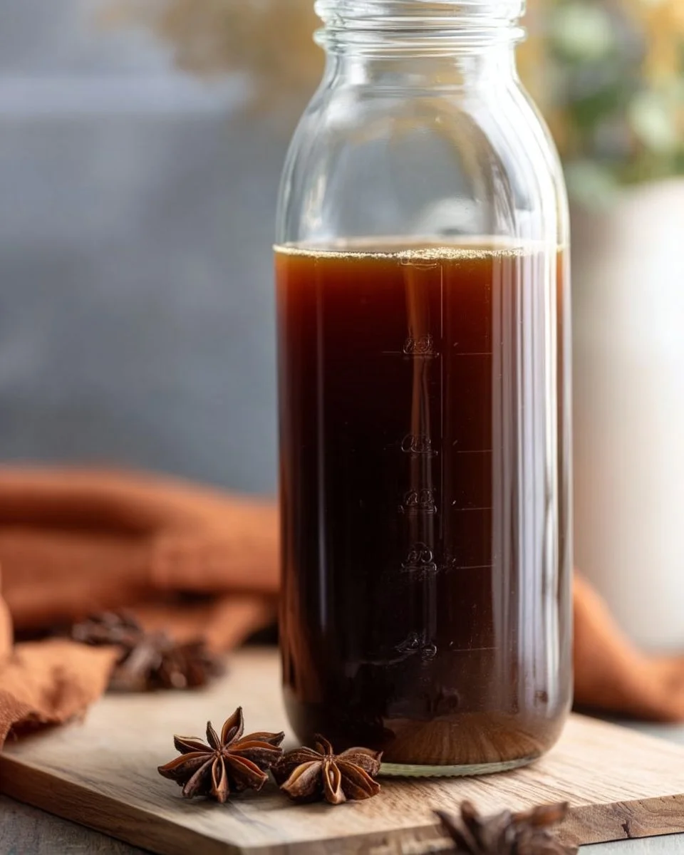 A steaming cup of homemade chai concentrate with spices and tea leaves.