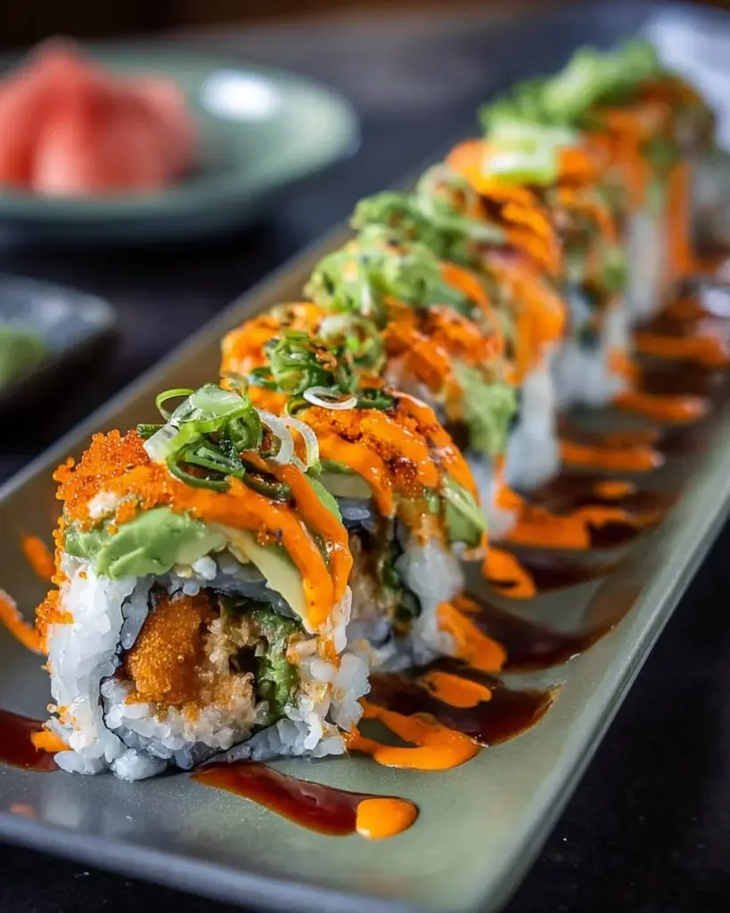 Homemade Dragon Rolls with avocado, eel, and sushi rice on a plate