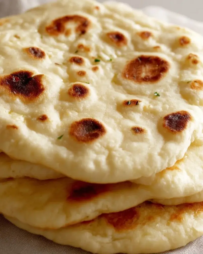 Freshly made homemade naan bread on a wooden table.