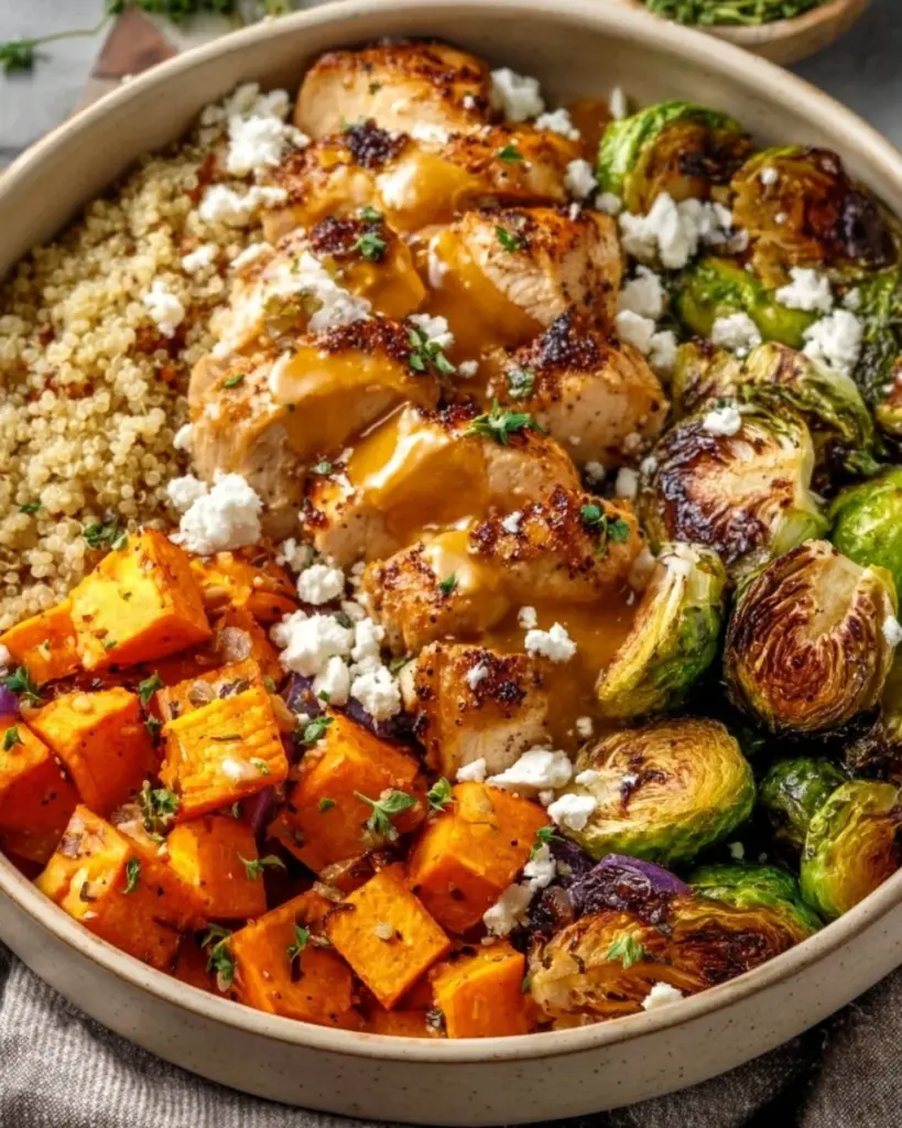 Hot Honey Chicken Bowl with vibrant vegetables and drizzled honey glaze.