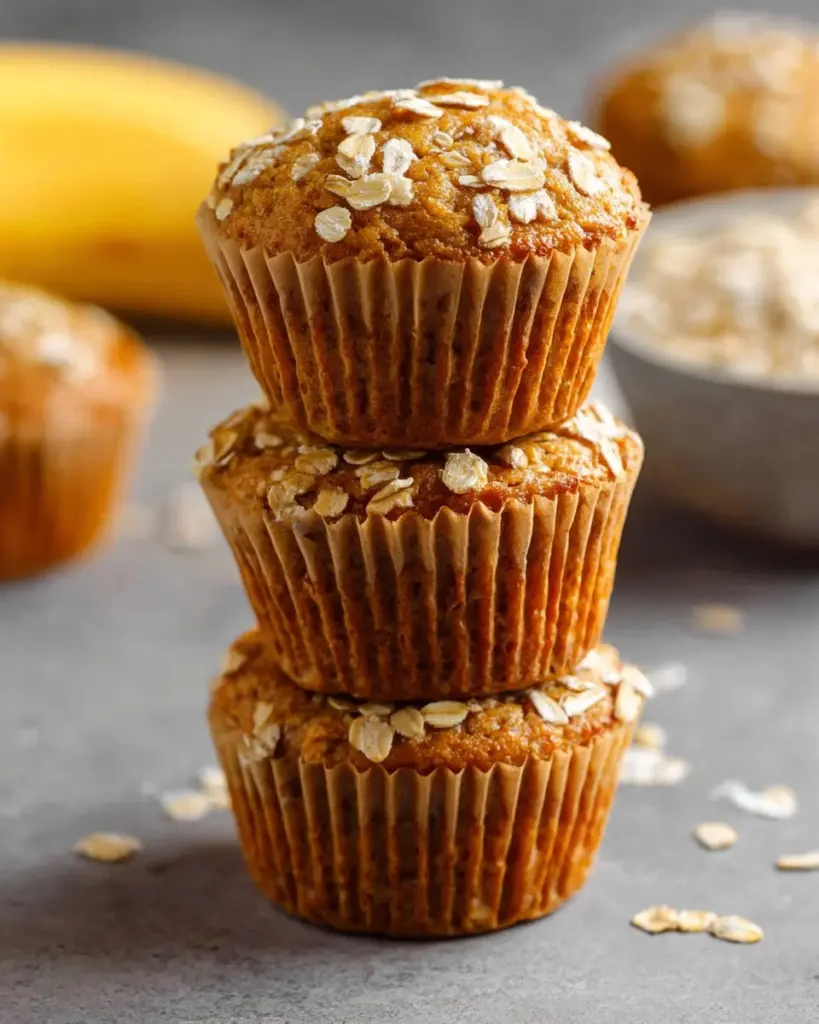 Delicious homemade banana oatmeal muffins on a wooden table