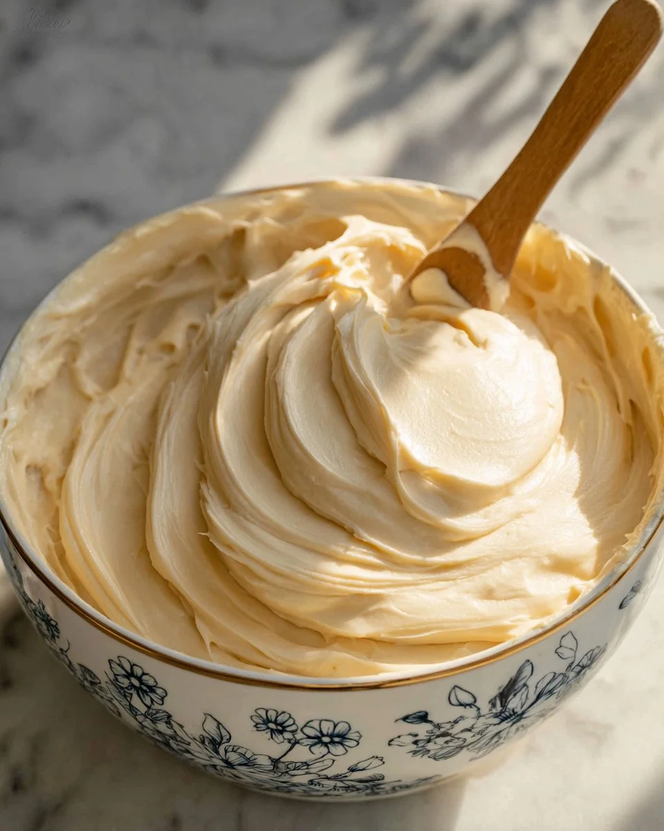 Delicious cream cheese frosting on a cake, showcasing a smooth and creamy texture.