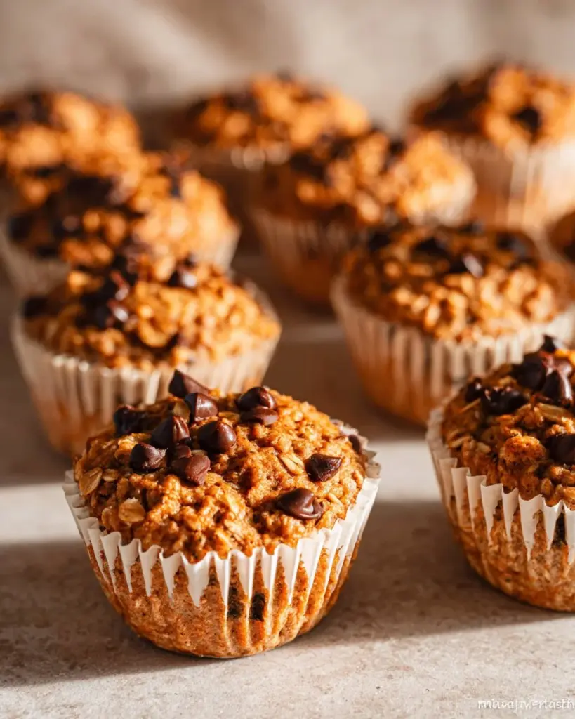 Chewy chocolate chip oat muffins fresh out of the oven