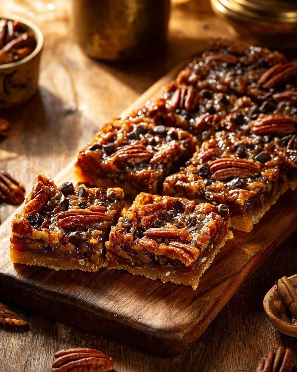 Delicious salted chocolate pecan bars displayed on a rustic wooden table