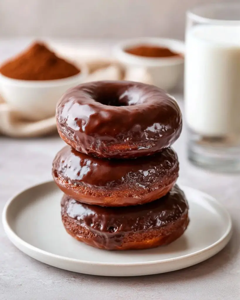 Delicious baked chocolate glazed donuts fresh out of the oven
