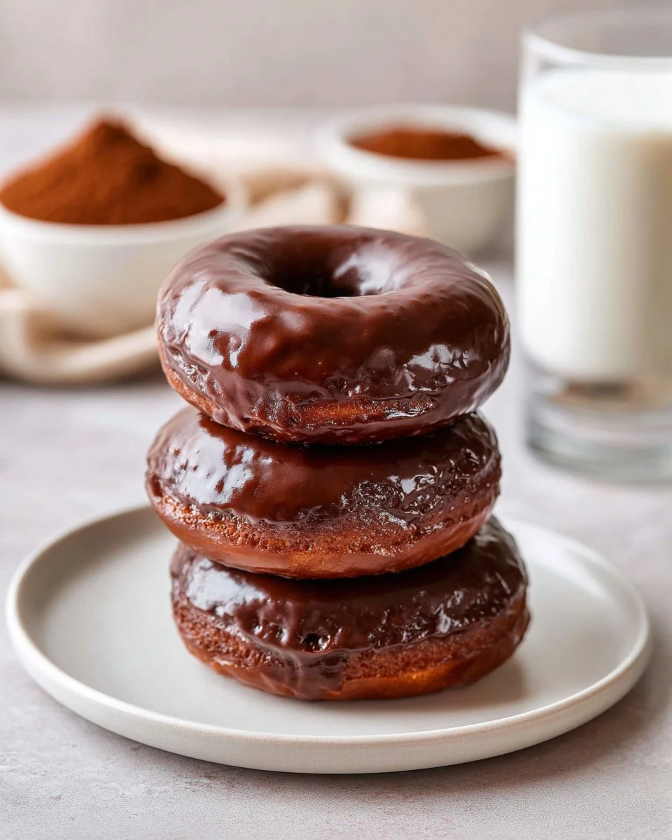 Delicious baked chocolate glazed donuts fresh out of the oven