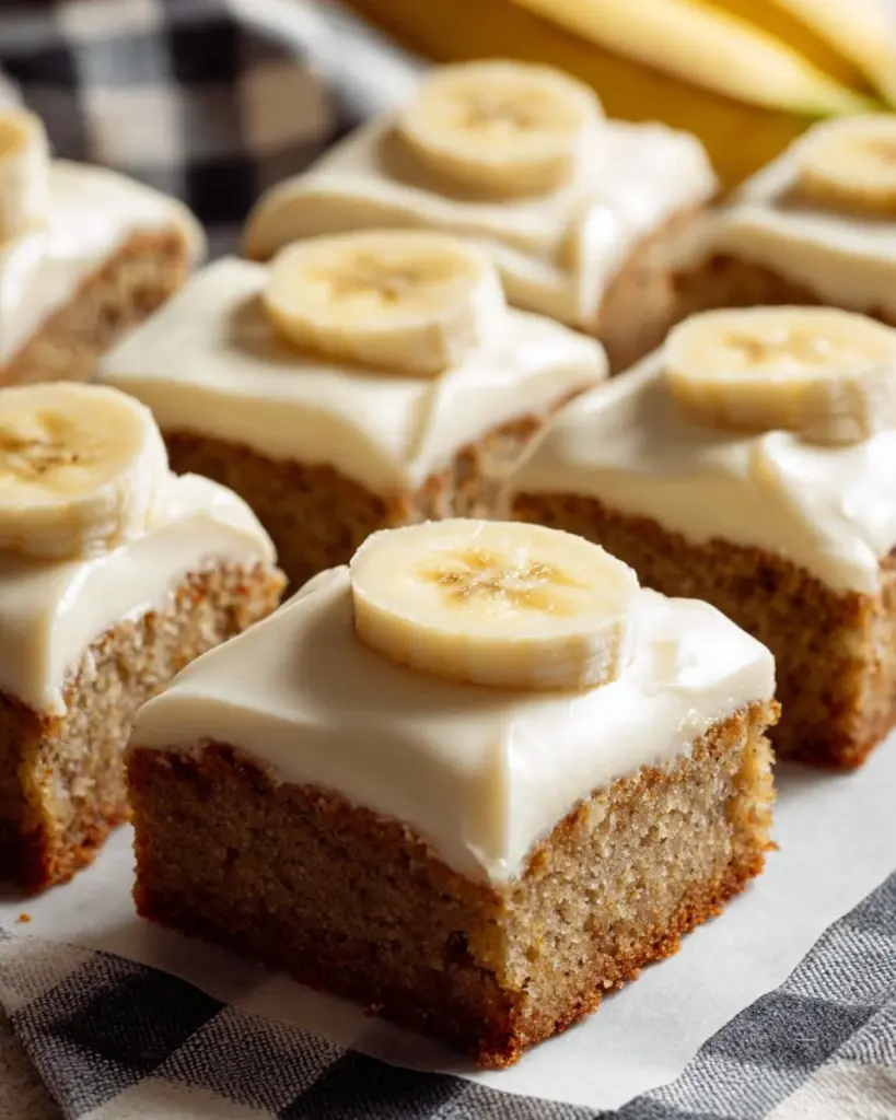 Irresistibly moist banana cake with cream cheese frosting on a plate