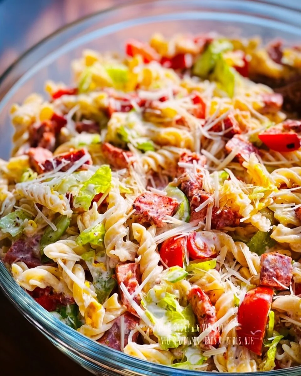 Delicious Italian Grinder Pasta Salad with fresh ingredients and vibrant colors.