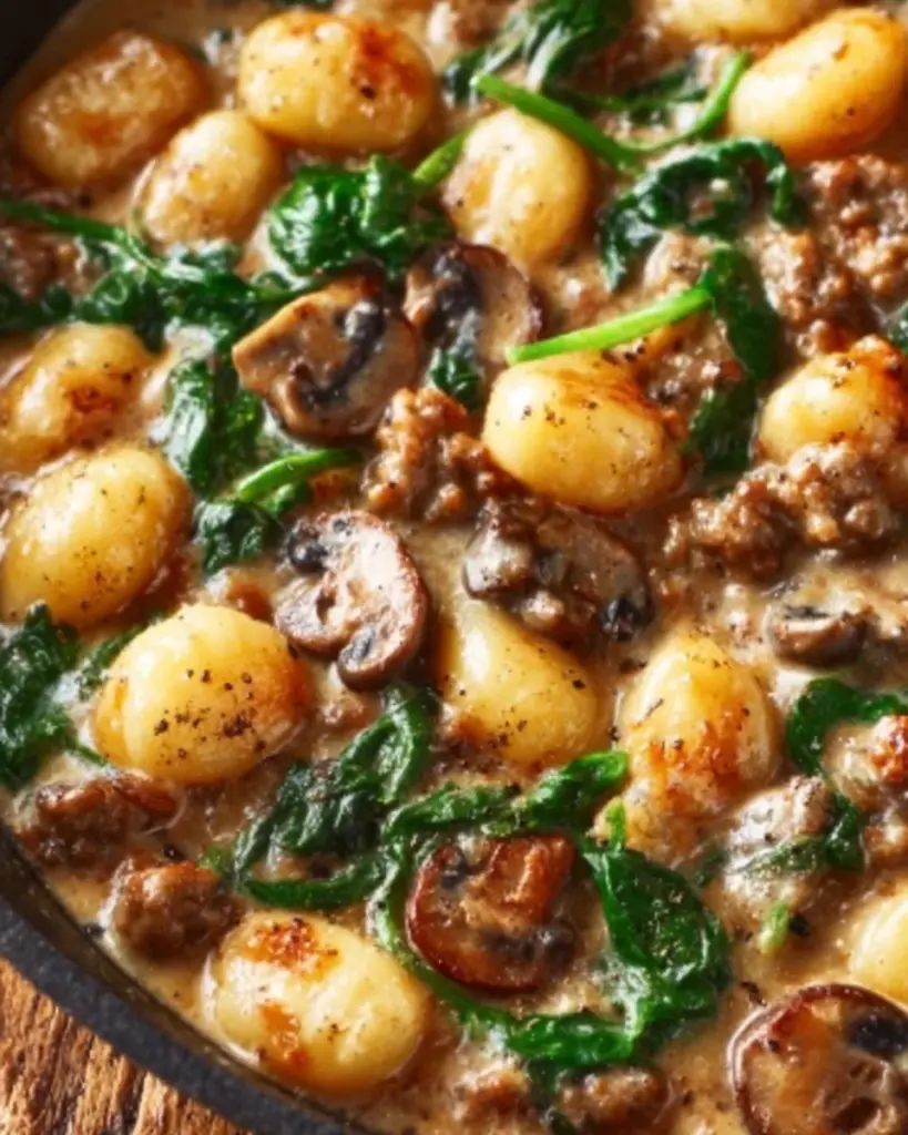 Italian Sausage Gnocchi Skillet with fresh ingredients in a frying pan