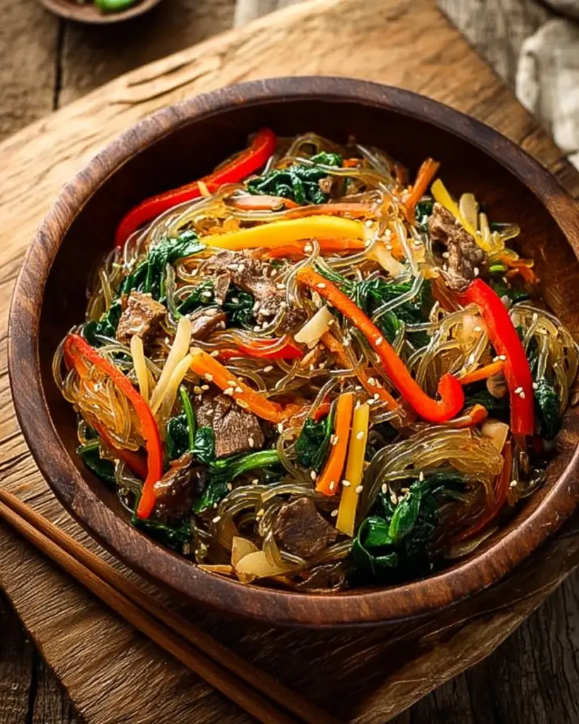 Traditional Korean Japchae dish with stir-fried glass noodles and vegetables