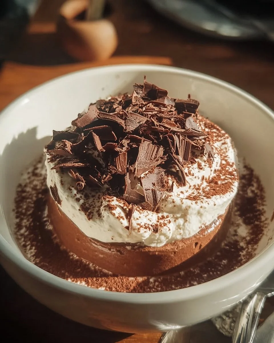 Dessert bowl of rich chocolate mousse inspired by Julia Child's recipe