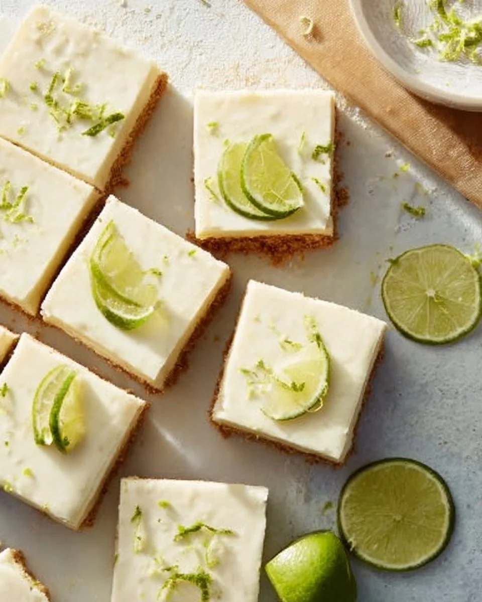 Delicious Key Lime Pie Bars topped with whipped cream and lime zest.