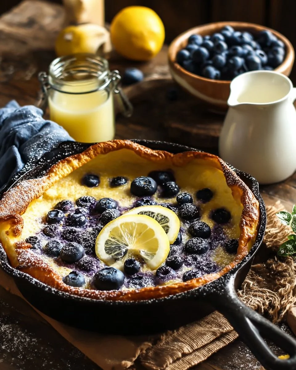 Fluffy Lemon Blueberry Dutch Baby served with fresh blueberries and lemon zest