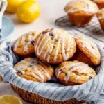 Freshly baked lemon blueberry muffins with a golden crust and blueberries