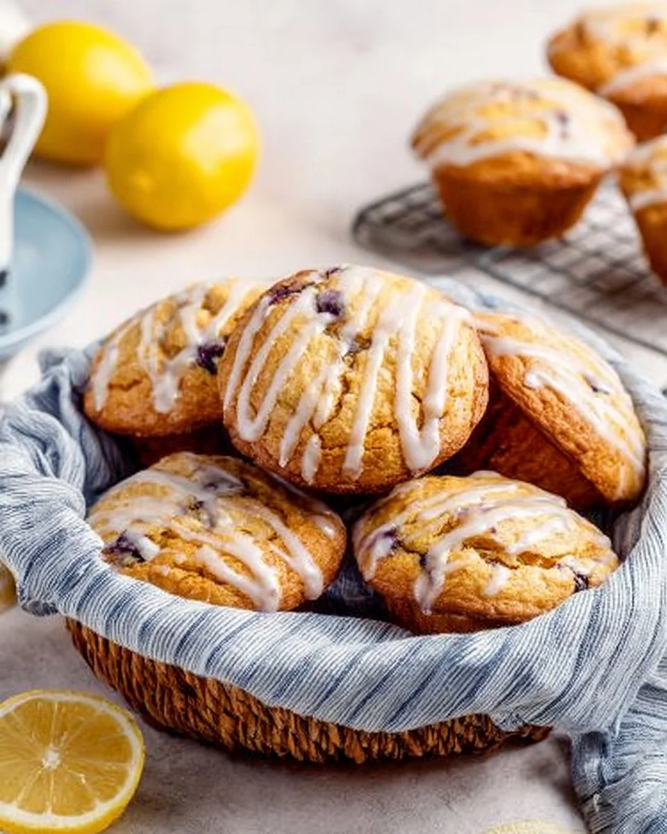 Freshly baked lemon blueberry muffins with a golden crust and blueberries