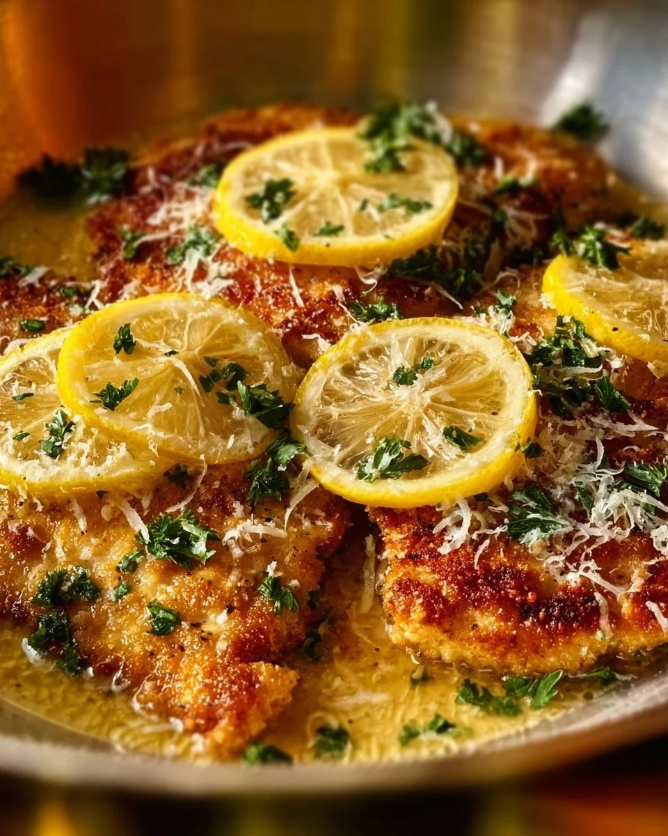 Plate of Lemon Chicken Romano garnished with herbs and lemon slices