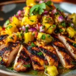 Served Lemon Ginger Chicken with Pineapple Mango Salsa on a plate