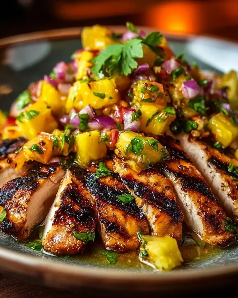 Served Lemon Ginger Chicken with Pineapple Mango Salsa on a plate