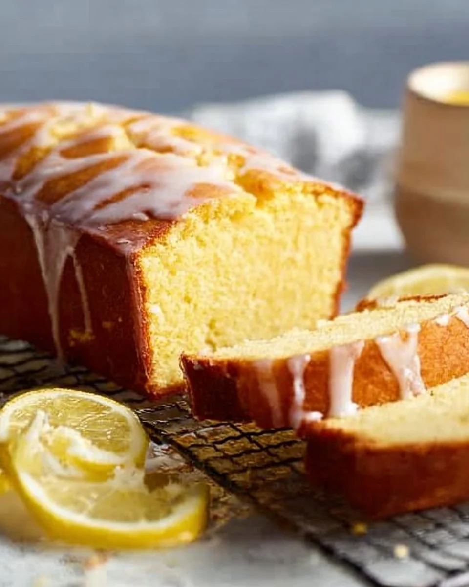 Freshly baked lemon pound cake on a wooden table