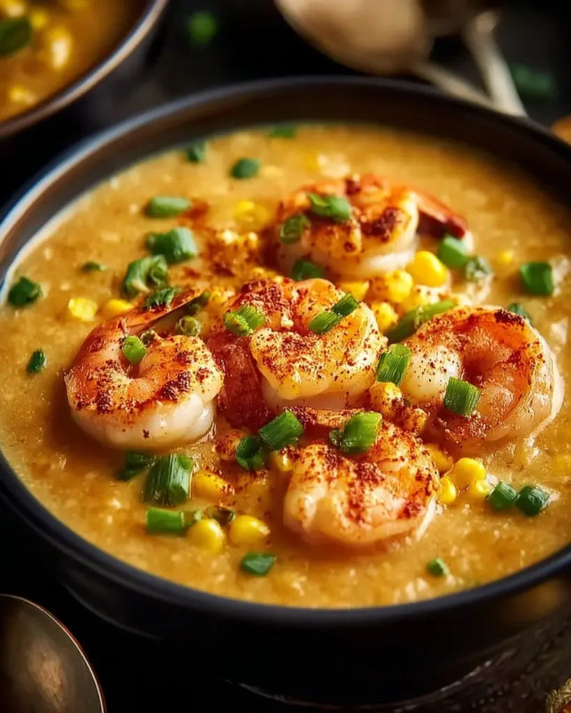 Creamy Louisiana shrimp and corn bisque served in a bowl with fresh herbs