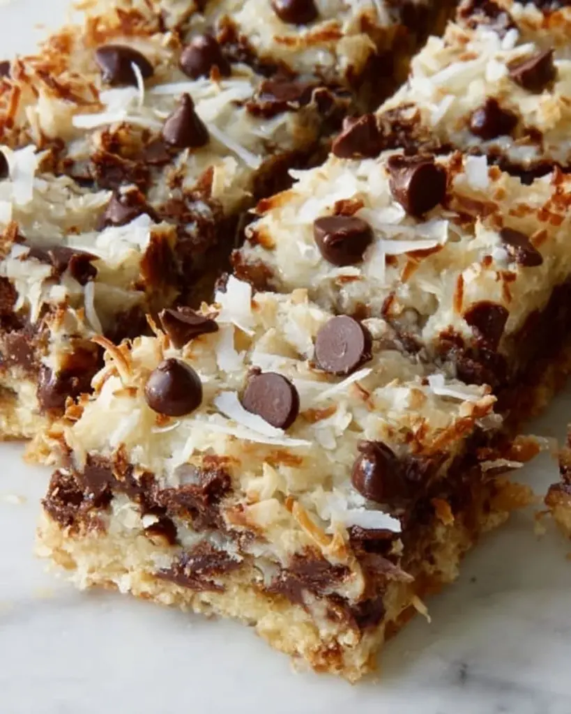 Delicious homemade Magic Cookie Bars topped with chocolate, coconut, and nuts
