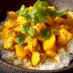 Mango Chicken Curry served with rice and garnished with herbs.