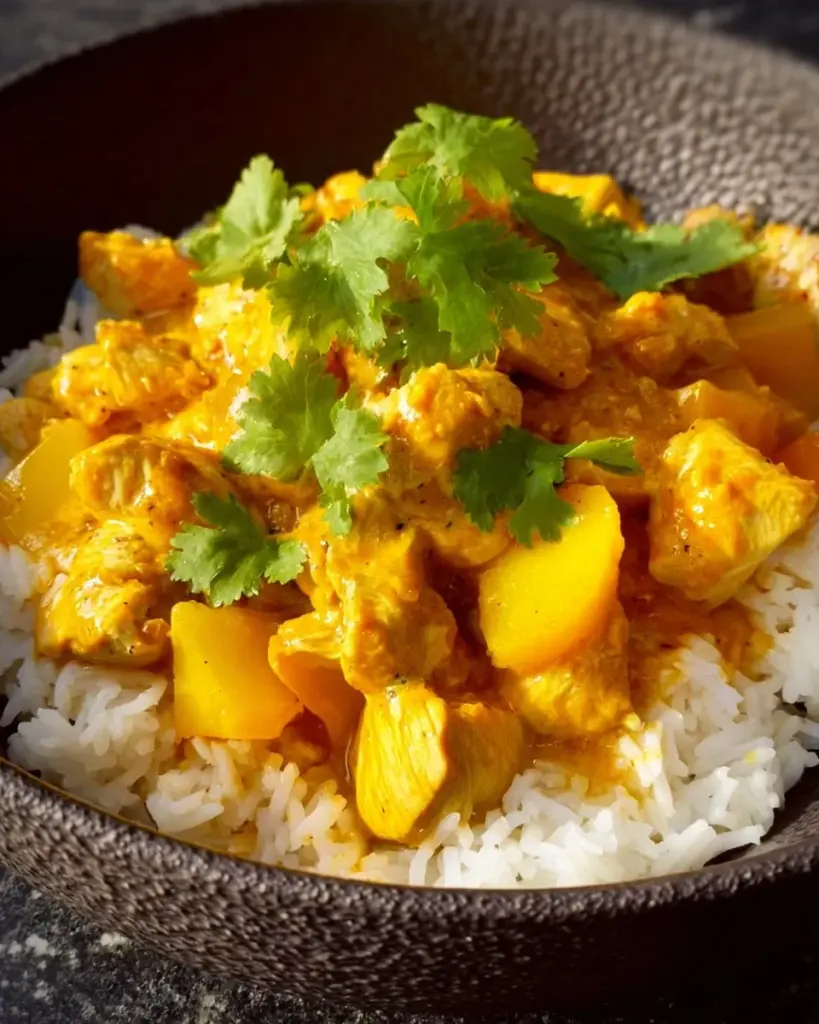 Mango Chicken Curry served with rice and garnished with herbs.